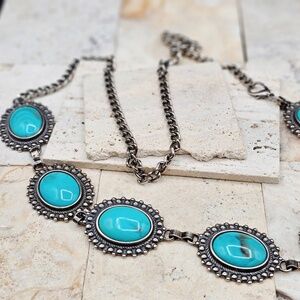 Womens Western Southwest Concho Silver-Tone Chain Faux Turquoise Belt